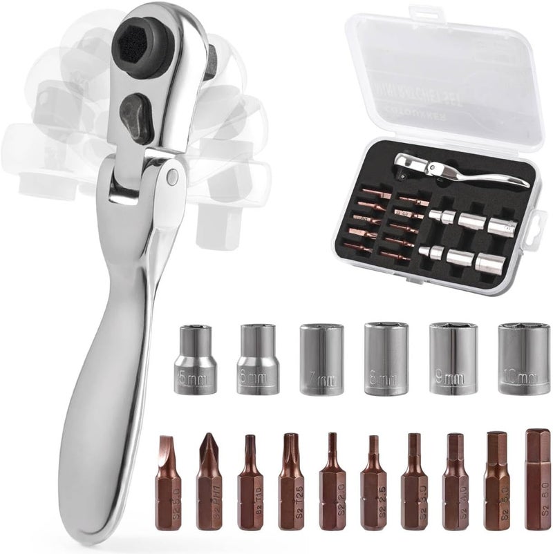 COTOUXKER Mini ratchet screwdriver Set, Right Angle Screwdriver set with 1/4 Mini Flex Ratchet Wrench and Bits Sockets for Tight Spaces(Ratchet wrench with bits and socket) - Image 1
